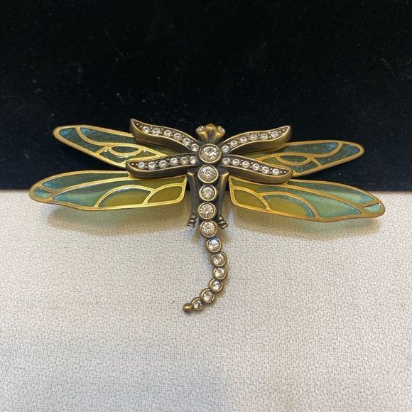 Vintage KJL Kenneth Jay Lane Stained Glass And Rhinestone Dragonfly Broo… - Picture 8 of 12